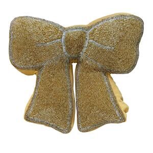 Glitz & Glimmer Beaded Gold Velvet Bow Pillow Holiday Glam Designer Decor New